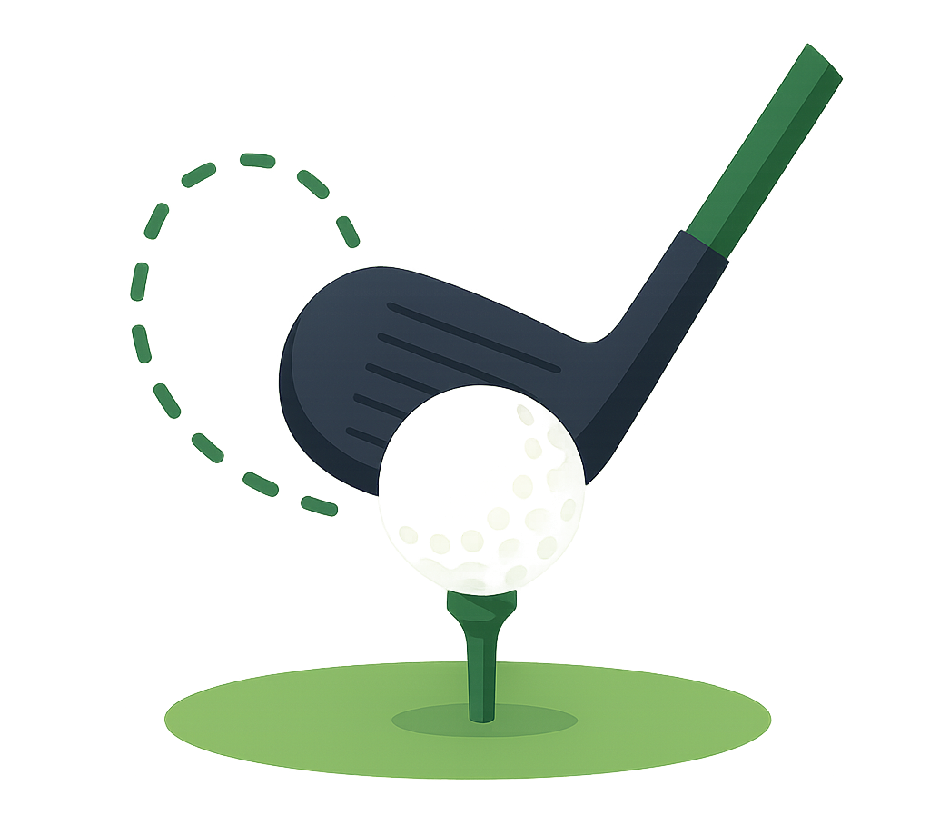 golf club swinging into golf ball with trajectory markers